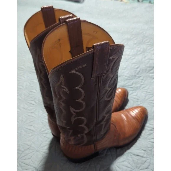 Vintage TONY LAMA Teju Lizard Leather Cowboy Boots Two Tone Men's 8 D USA 8005 - Picture 4 of 14